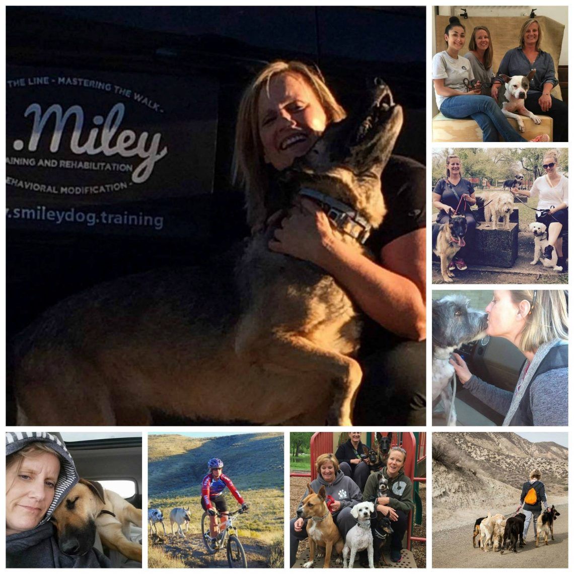 A collage of Susan Miley with dogs: hugging a German Shepherd beside the S.Miley van, on pack walks, mountain biking with dogs, and posing with clients and their dogs